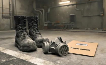Boots and respirator in dusty work area