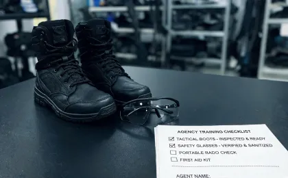 Tactical boots beside eye protection
